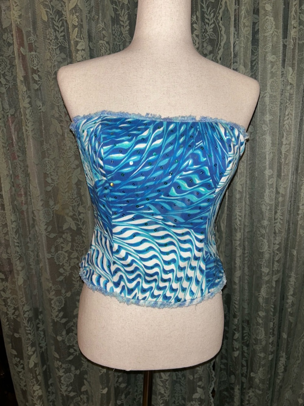 Strapless Blue Wave Pattern Bustier Corset Tube Top